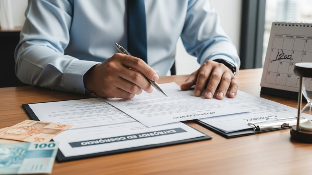 Pessoa analisando extrato de consórcio não contemplado, representando dinheiro parado e a decisão de vender a cota para reorganizar a vida financeira.