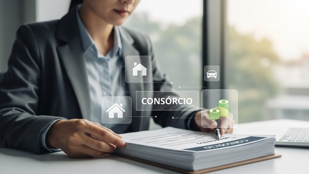 Pessoa analisando documentos de consórcio com ícones de imóvel, veículo e dinheiro, representando a venda e compra de cotas de consórcio como solução financeira.