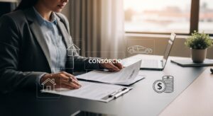Pessoa analisando documentos de consórcio com ícones de imóvel, carro e dinheiro, representando a venda segura de cotas de consórcio como solução financeira.