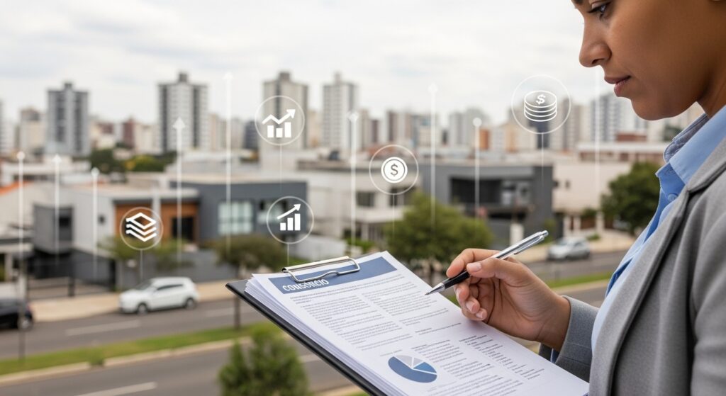 Pessoa em Londrina analisando documentos de consórcio, representando a decisão entre comprar ou vender consórcio na região.